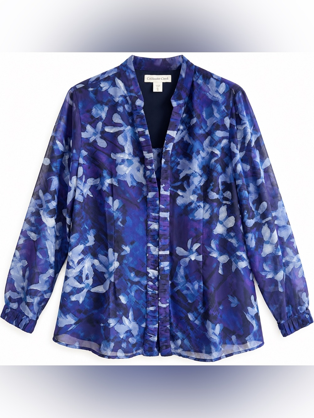 Coldwater Creek XL 16 Blue Purple Floral Sheer Ruffle Front Blouse